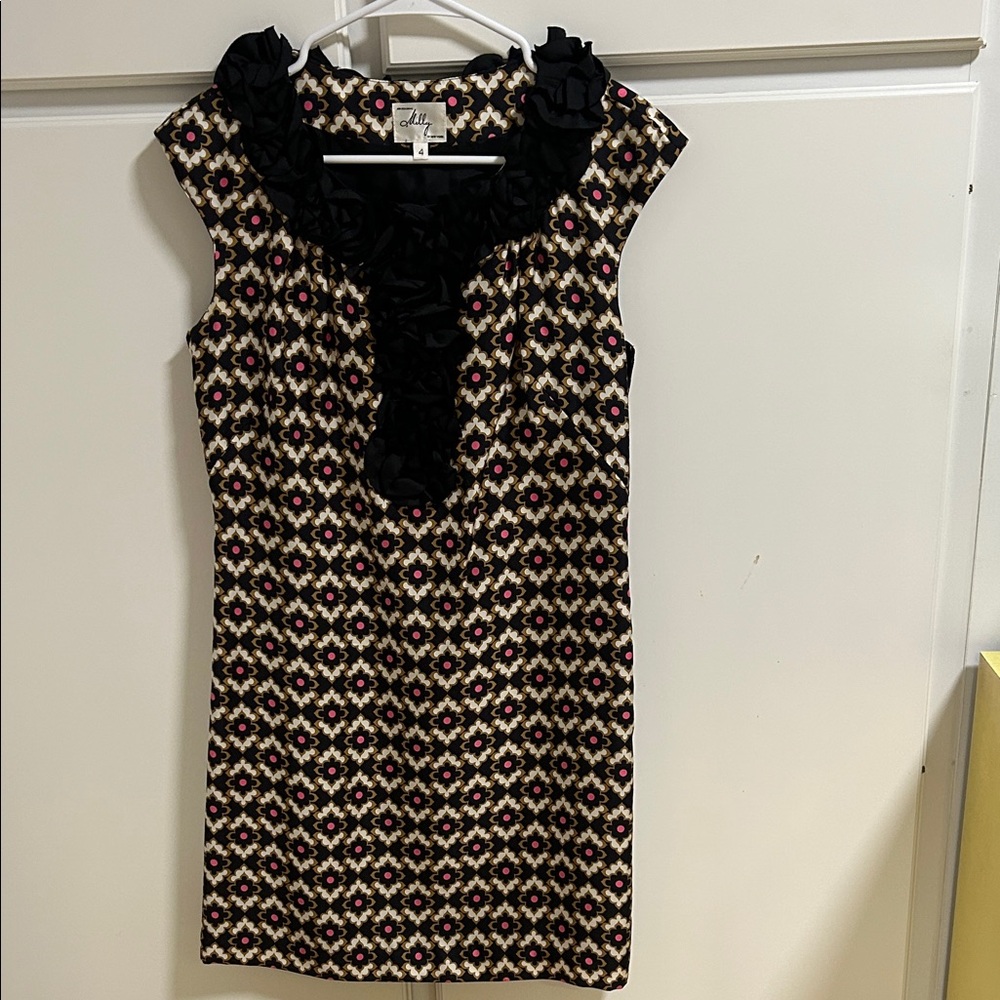 Milly of New York Gossip Girl Black and Pink Geometric Silk Mini Dress Size 4